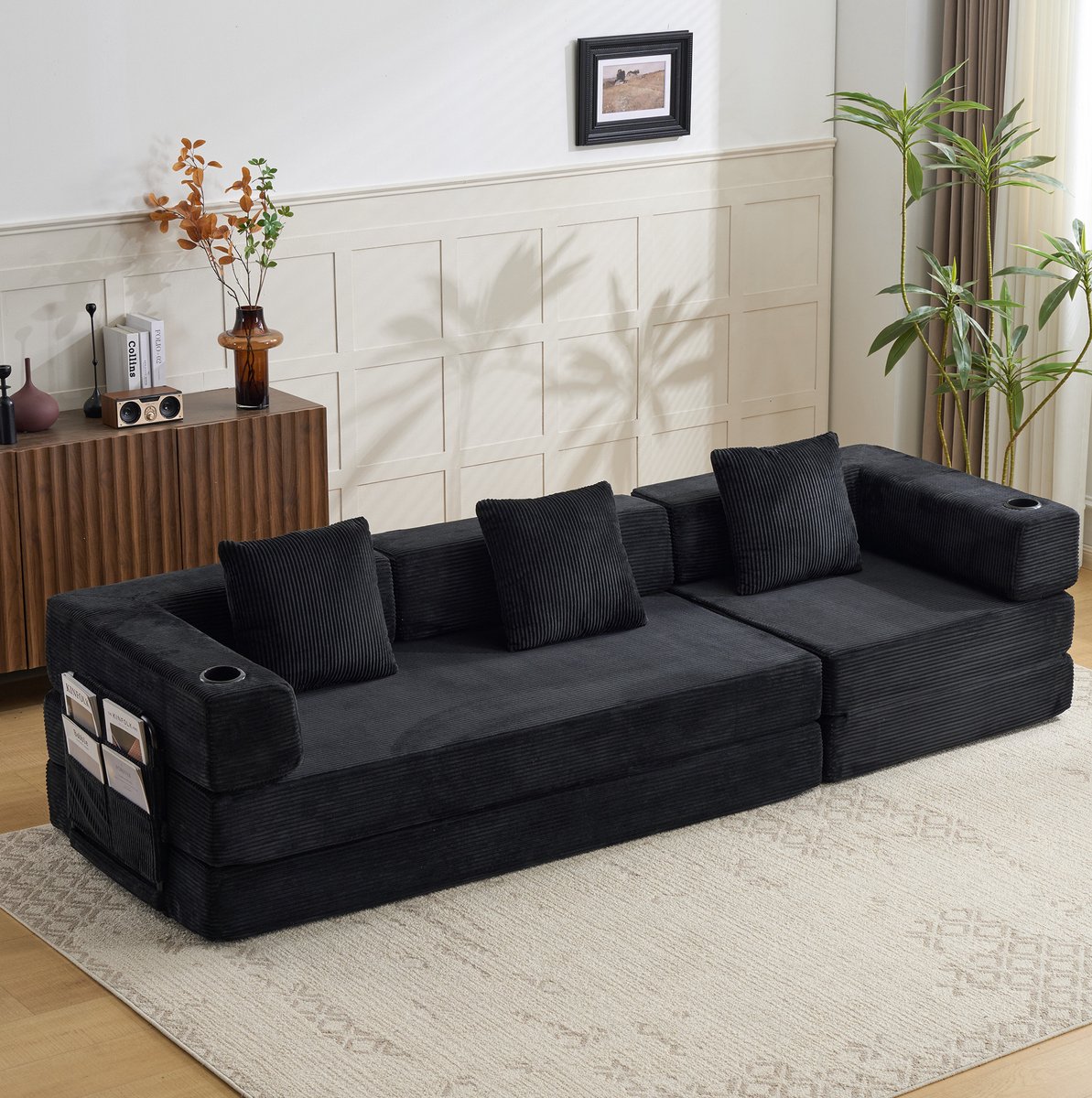 OKWISH Slaapbank 277,5 Bij 92,5 Bij 60 Cm - Opvouwbaar Met Bekerhouders En Zijvakken - Voor Woonkamer En Slaapkamer - Ribfluweel - Zwart