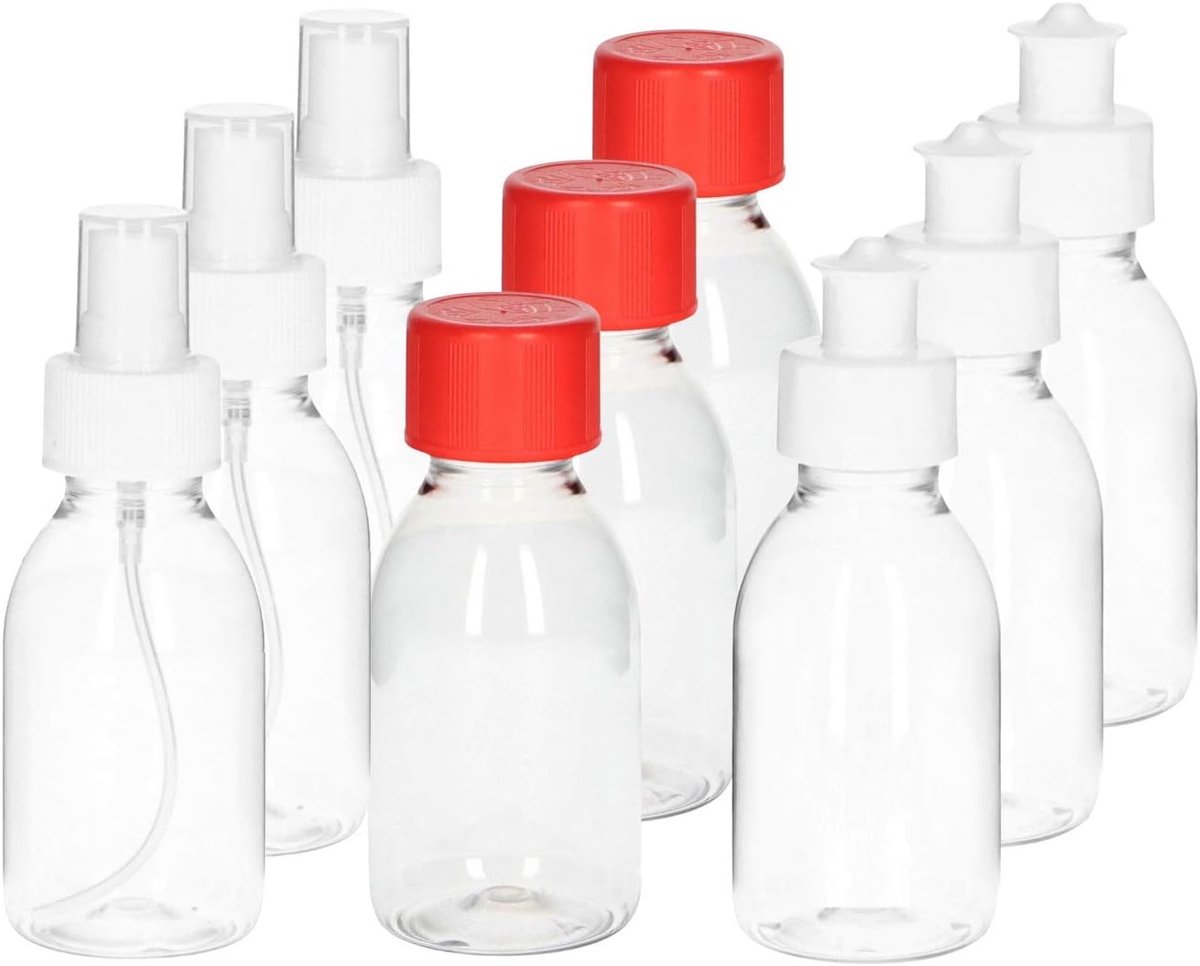 Flessen 9-delige set 100 ml I doorzichtige vulflessen met 3 x 3 verschillende deksels I kleine flessen om te vullen 100ml I vloeibare flessen I plastic fles I reiscontainer