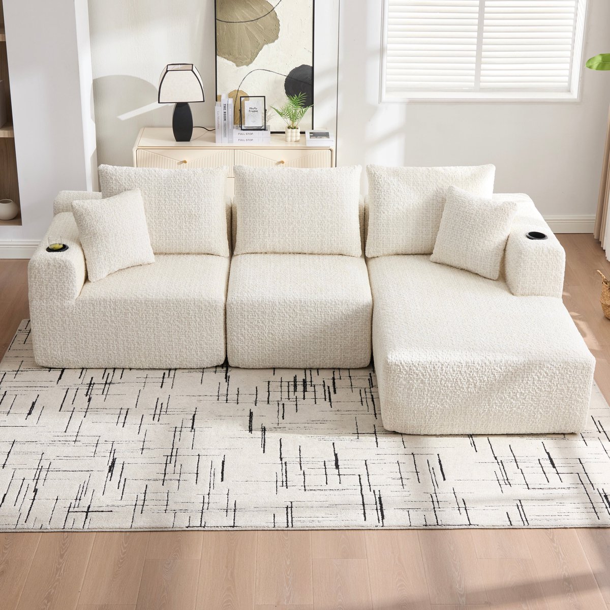 Merax Modulaire 3-Zits Hoekbank Met Chaise Longue - Chenille Bekleding - Diepe Zit - Beige