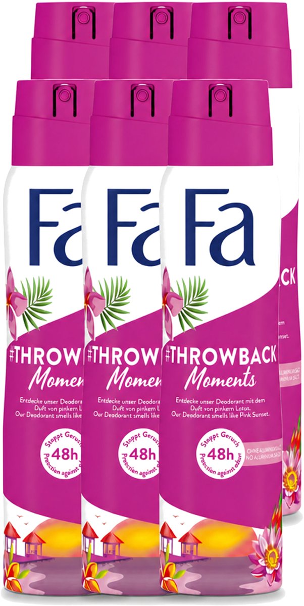 6 x Fa - Deodorant Spray - Throwback Moments - Roze Lotus - 48 uur Bescherming - 150 ml - Voordeelverpakking - 6 stuks
