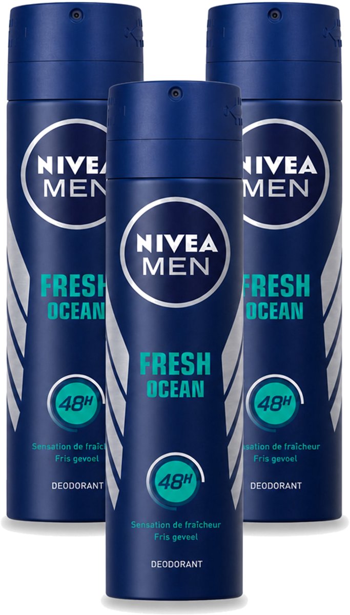 3 x Nivea - Men - Deodorant - Spray - Fresh Ocean - 48 Uur Lang Werkend - 150 ml - Bulkverpakking - 3 stuks