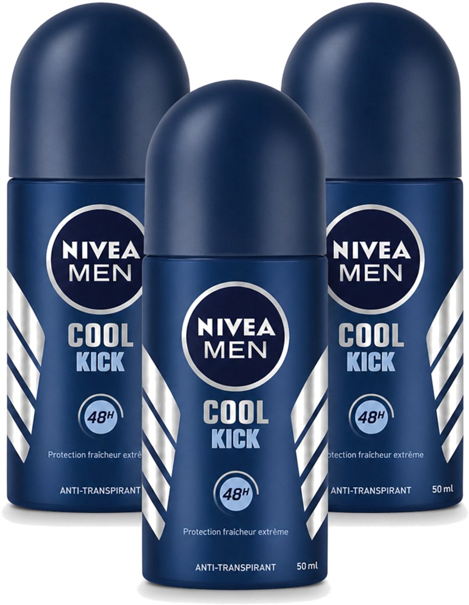 3 x Nivea - Cool Kick - Mannen Rollerdeodorant - 48 Uur Lang Werkend - 50 ml - Bulkverpakking - 3 stuks