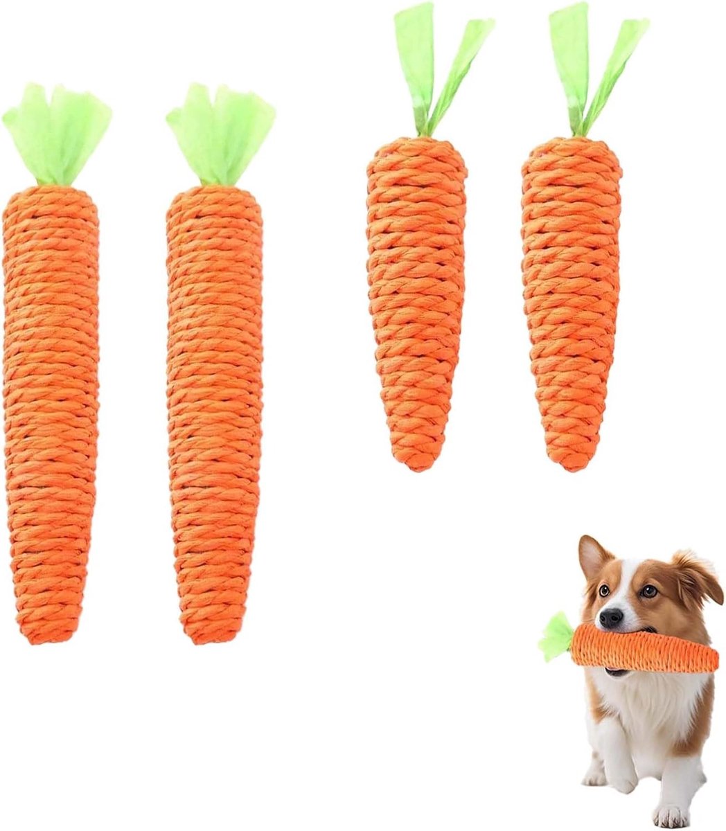 Robuuste kauwspeeltjes voor puppy's - 4-delige set met wortelvormige speeltjes voor tandreiniging en interactief spel voor kleine en middelgrote honden