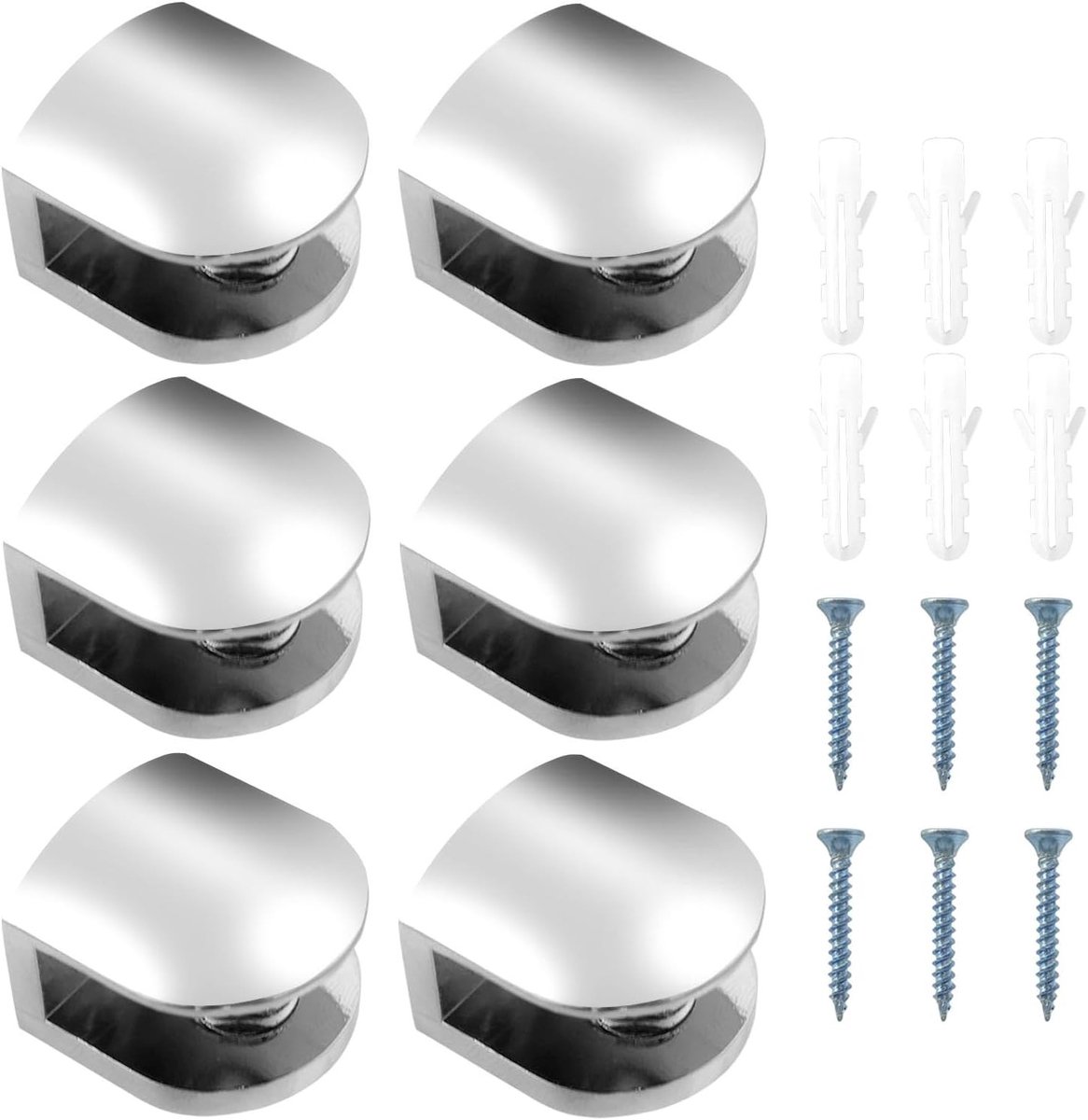 Set van 6 Verstelbare Glasklemmen van Zinklegering voor 6-8 mm Dikke Glasplaten, Glasbevestiging en Klembeugels