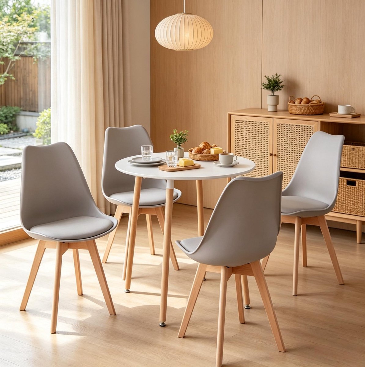 MODFU - Eettafelset Met 4 Stoelen - Ronde Tafel - Modern - Hout - Grijs Wit