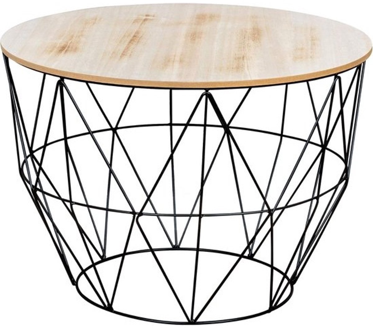 Zwarte Ronde Bijzettafel met Metalen Draadmand en Afneembaar Houten Deksel - Industriële Salontafel