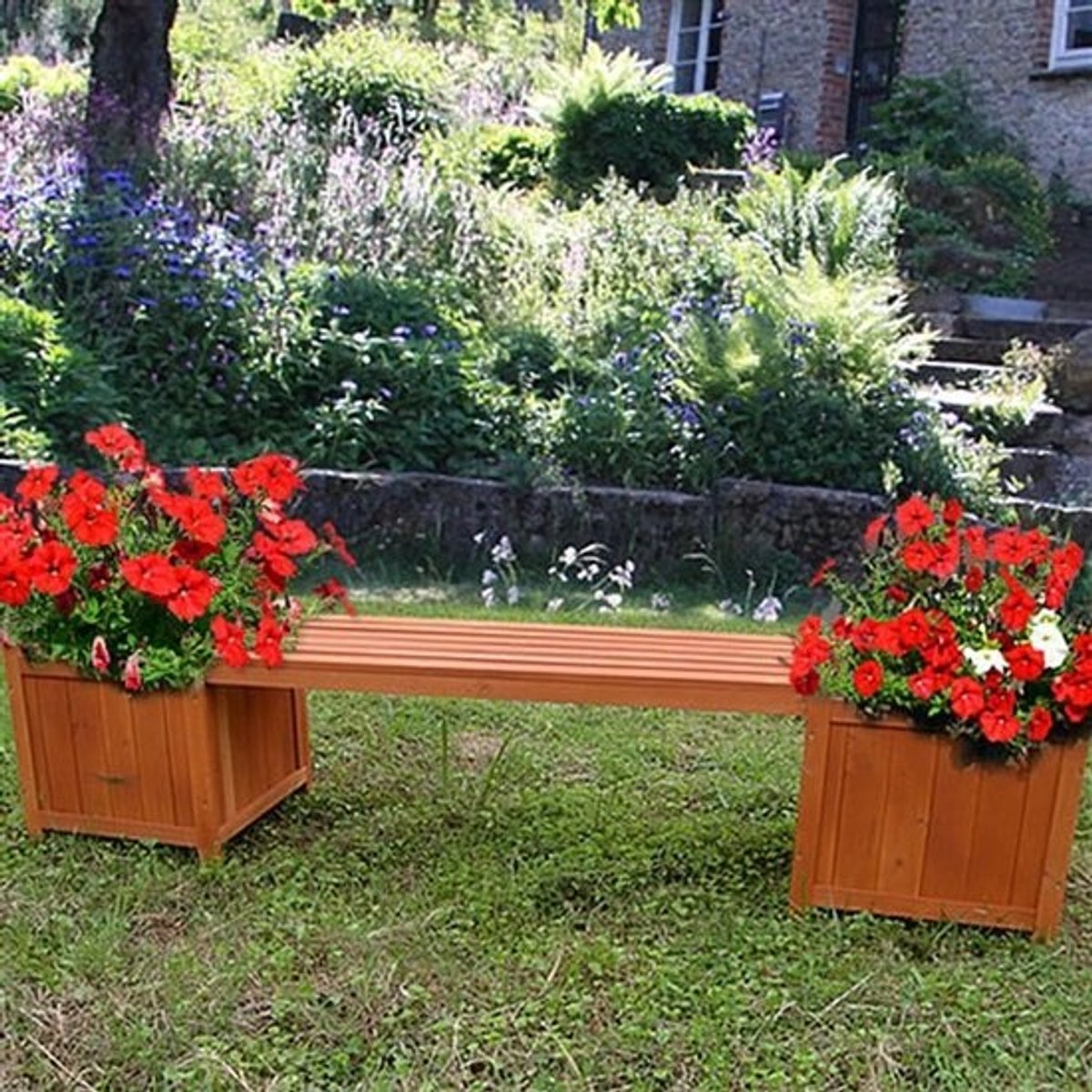 Houten tuinbank - Zitbank met bloembakken - Ontspannen in de tuin - Inclusief 2 bloembakken - 180 cm lengte - Bruin