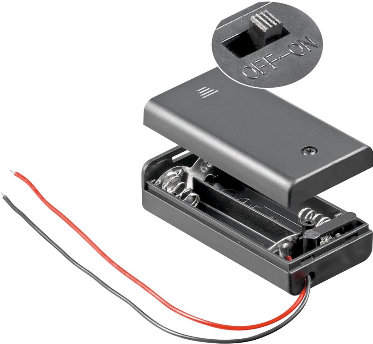 Goobay Batterijhouder 2x AA Mignon, losse kabeleinden met aan-uitschakelaar, waterafstotende behuizing, zwart