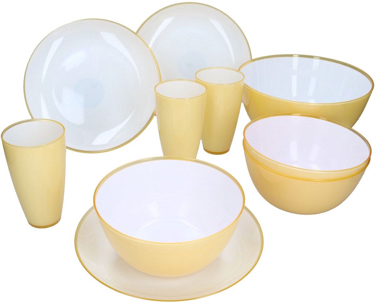 10-delige Set Uni kleurrijk ToGo Geel Servies met bord, grote kom, kleine kommen & drinkbeker voor 3 personen – 3x 101004210, 3x 101004220, 3x 101004210 & 1x 101004240