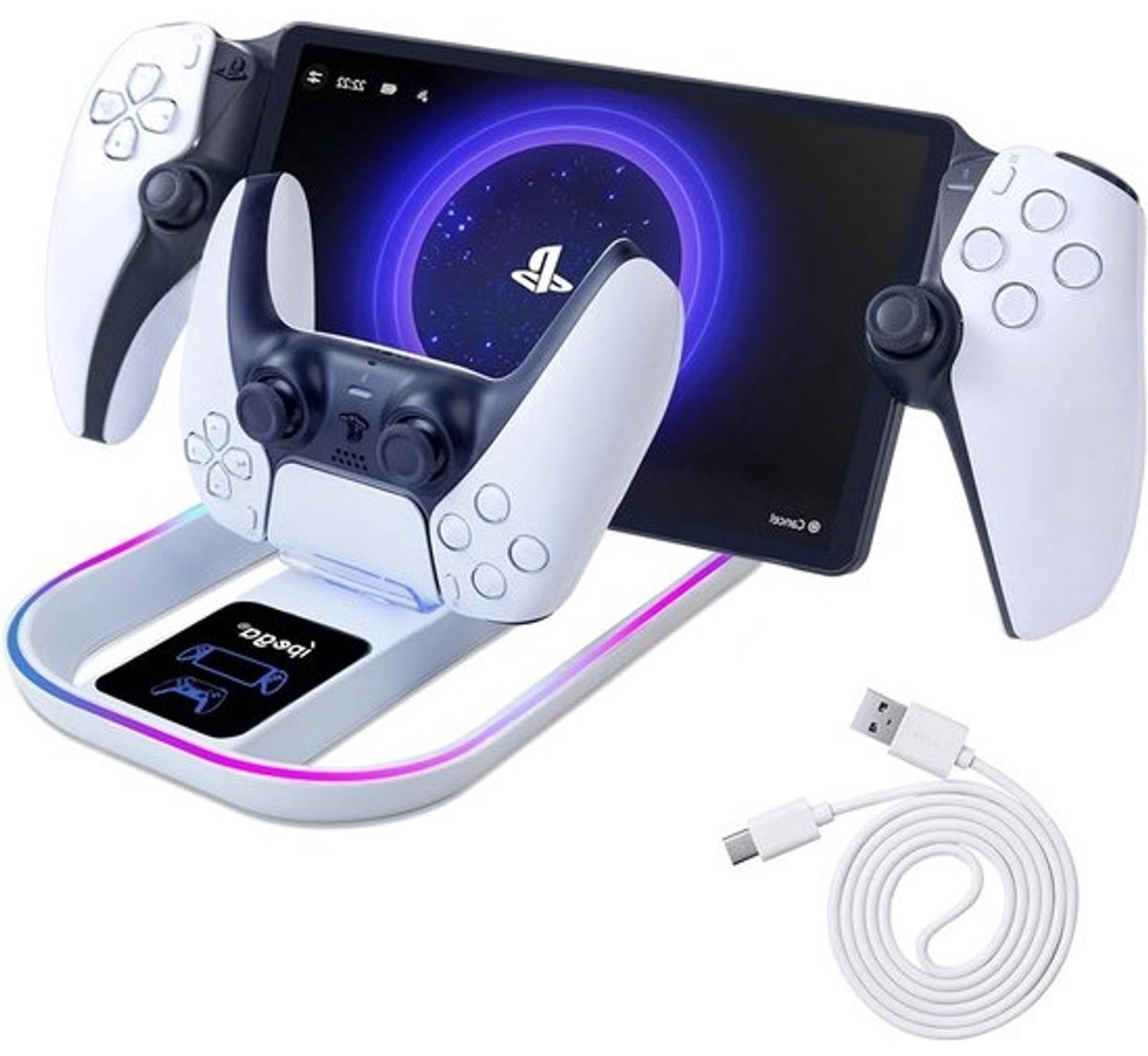 Thijox - Oplaadstation voor PS5 Controller en PS Portal - Draagbare Oplader met RGB Lichteffecten en USB-C Kabel - Ideaal voor Gaming Accessoires