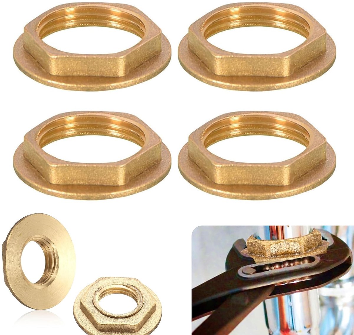 4 stuks flens zeskantige zekeringmoeren, flensmoer messing, binnendraad messing zeskantmoer, 3/4 inch binnendraad, massieve flens zeskantmoer voor kraan (G3/4")