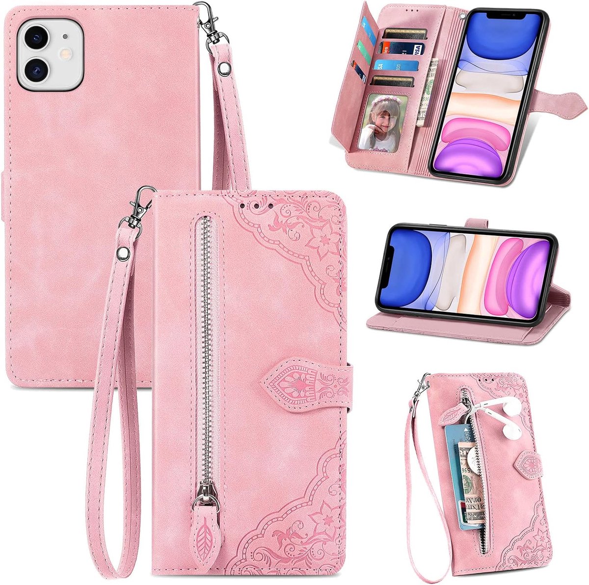 Hoes voor iPhone 11 (6,1 inch), standfunctie lederen telefoonhoes met grote capaciteit magnetische sluiting kaartsleuven compatibel met iPhone 11 - Roze