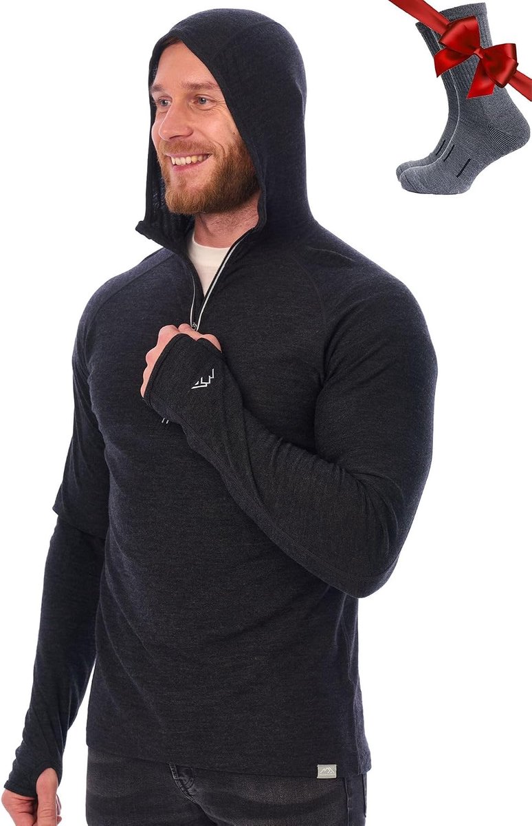 Baselayer Lichte Herenhoodie – Thermoshirt Met Lange Mouwen Van Merinowol
