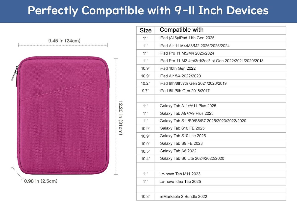 9-11 Inch Tablet Sleeve Bag Carrying Case, Fuchsia