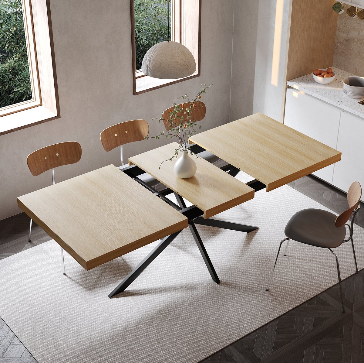 MEUNIQ Uitschuifbare eettafel 140-180 x 80 cm met verborgen opbergruimte, naturel MDF blad en zwart metalen X-onderstel voor 4-6 personen