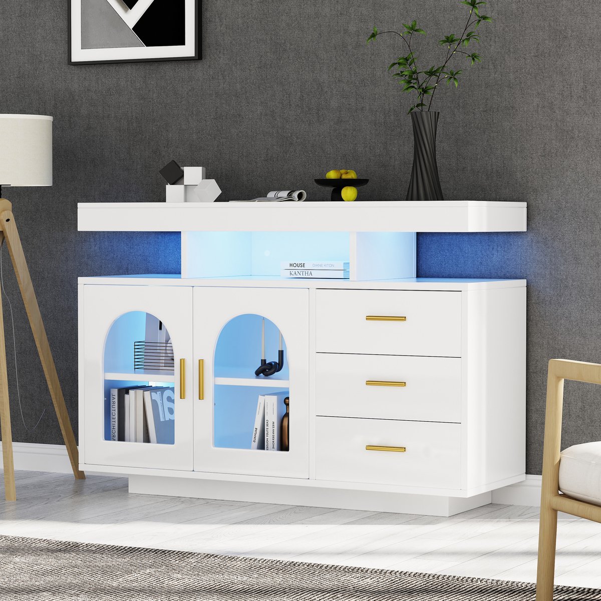 MEUNIQ LED-sideboard 120 x 40 x 80 cm met 3 lades, 2 acryl deuren, open vakken, appgestuurde USB-ledverlichting en hoogglans witte fronten