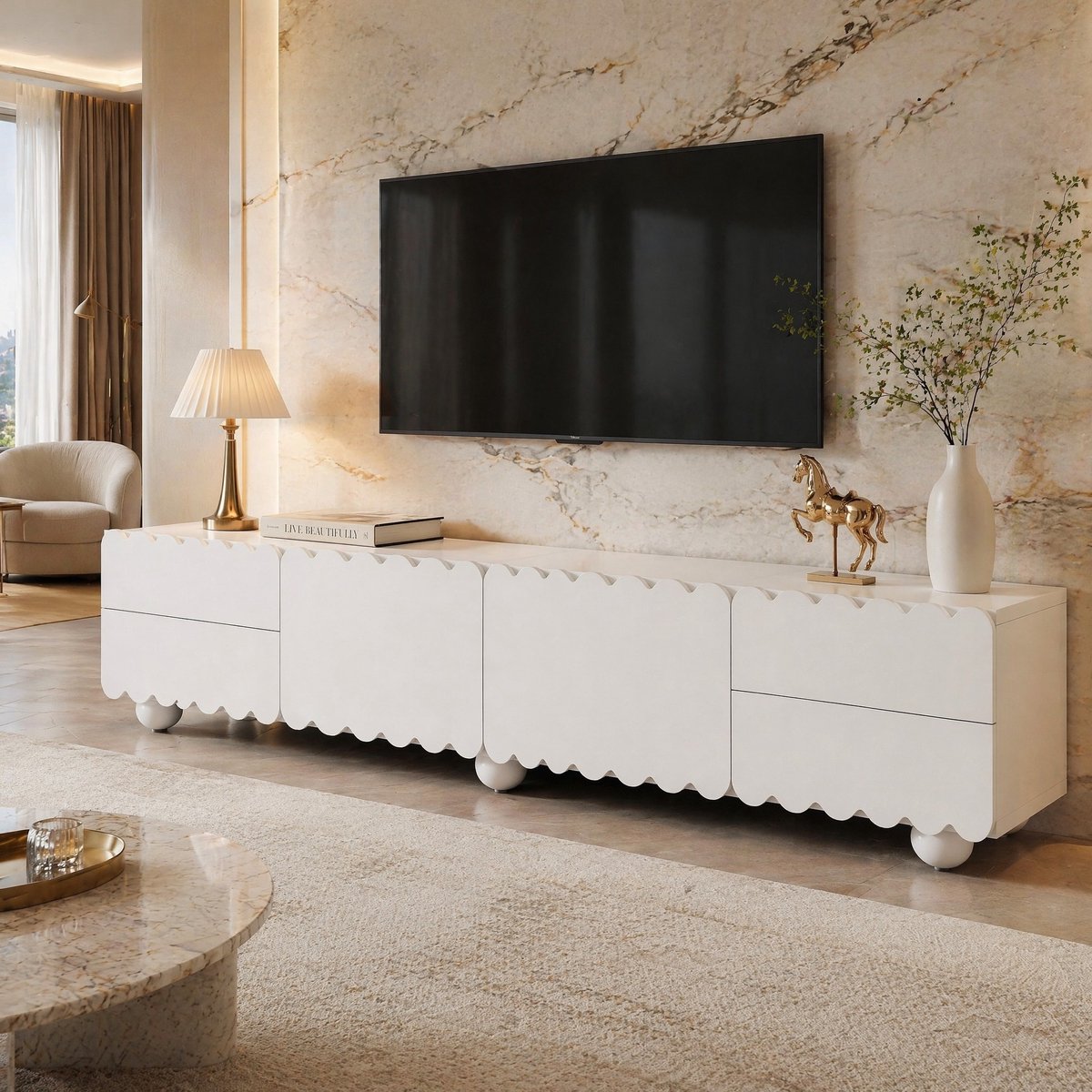 MEUNIQ TV-meubel 175 cm met gesloten kastdeuren en lades, 60 kg draagvermogen, lage tv-kast voor woonkamer of werkkamer, wit