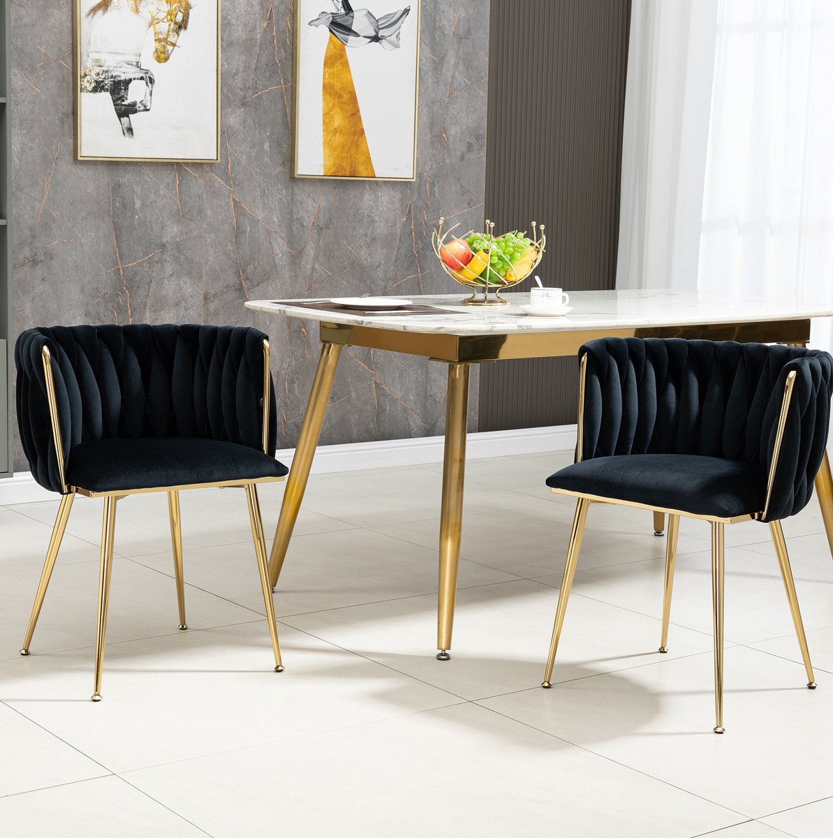 MEUNIQ Eetkamerstoel set van 2 met armleuningen, zwart velvet, gepolsterde kuipzitting en gouden metalen poten voor eetkamer en woonkamer