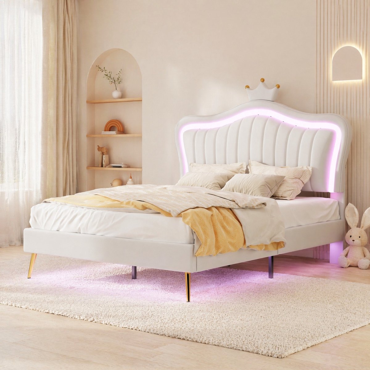 MEUNIQ Kinderbed 140 x 200 cm met verstelbaar gestoffeerd hoofdboard, ledverlichting, lattenbodem en kroonvormig ontwerp voor de kinderkamer - Wit