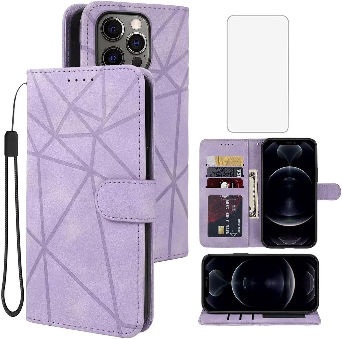 Hoesje voor iPhone 12, Cover voor iPhone 12 Pro met Gehard Glas Schermprotector, leren hoesje met creditcardhouder, groene telefoonhoes voor iPhone 12 Lila