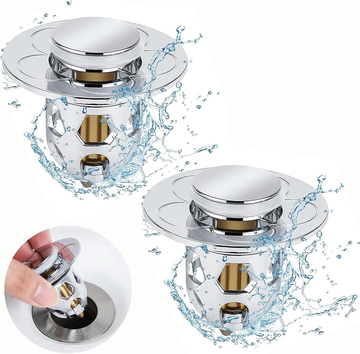 2 stuks wastafelstop, filter voor wastafel en badkamer met anti-verstoppingsfilter, wastafelstop, filter voor keukenspoelbak, geschikt voor afvoeren en spoelbakken van 34 mm - 40 mm (zilver)