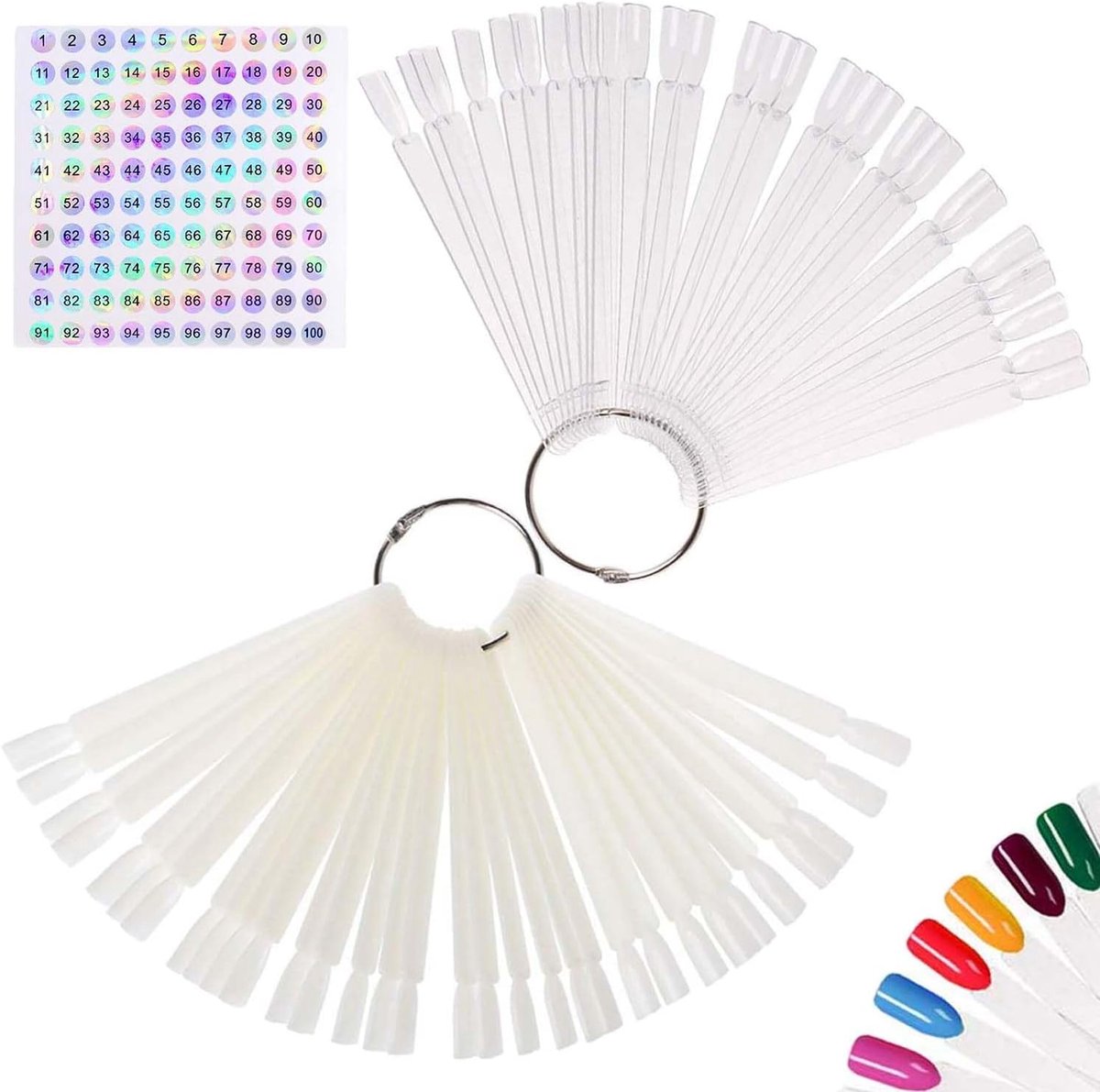 Nagelmonsters met labels 100 stuks Nagelmonstersticks Nagelkleurendisplaystandaard Nageldisplay met metalen ring (helder + natuurlijk)