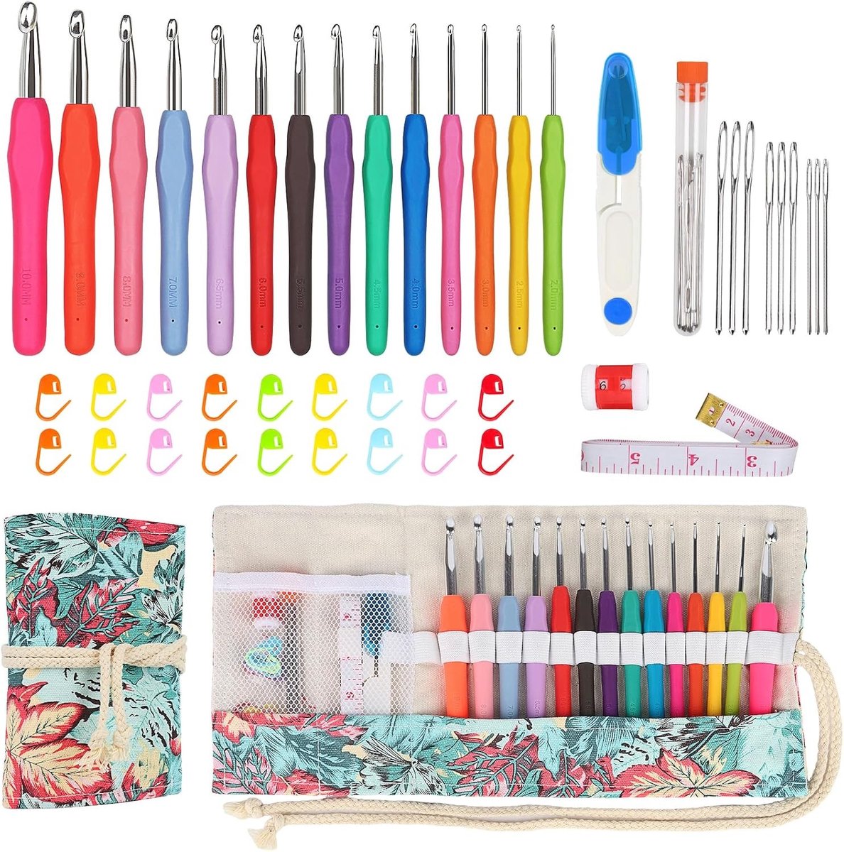 Ergonomische Haaknaalden Set voor Beginners, 14 Stuks, Inclusief Accessoires, Geschikt voor Artrose, 2-10 mm met Comfortabele Grip en Glad Ontwerp
