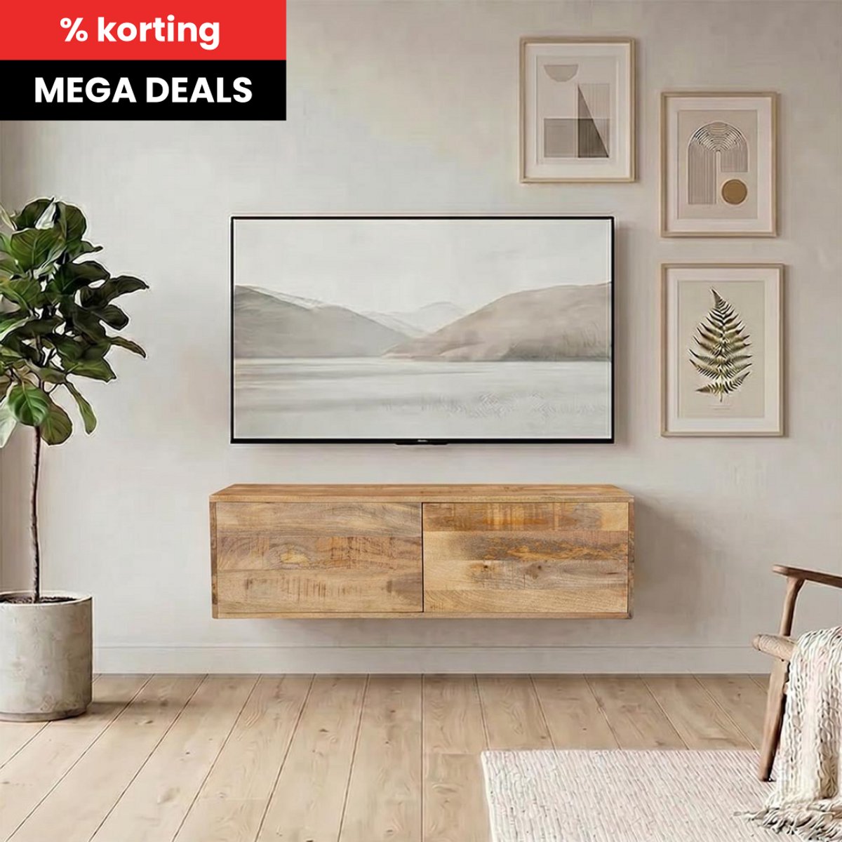 Mangohouten TV Meubel Zwevend Harlow 120 cm met 2 deuren Mahom Industrieel - TV Meubel van Mangohout & Metaal - Industriële TV Meubel