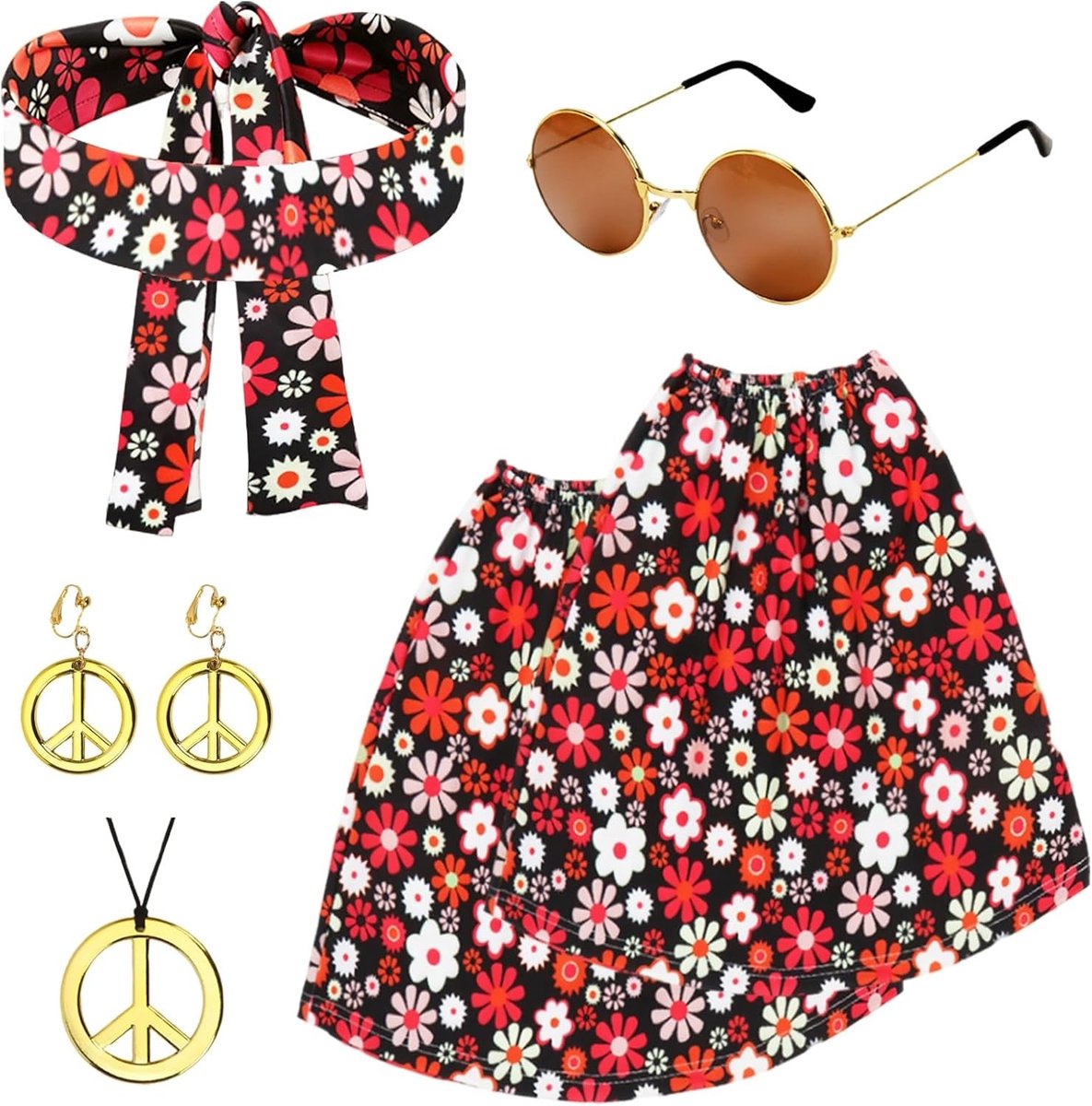Vrouwelijk 60s 70s Hippie Kostuum met Hoofdband, Legwarmers, Ketting, Oorbellen en Zonnebril voor Themafeesten, Carnaval en Halloween