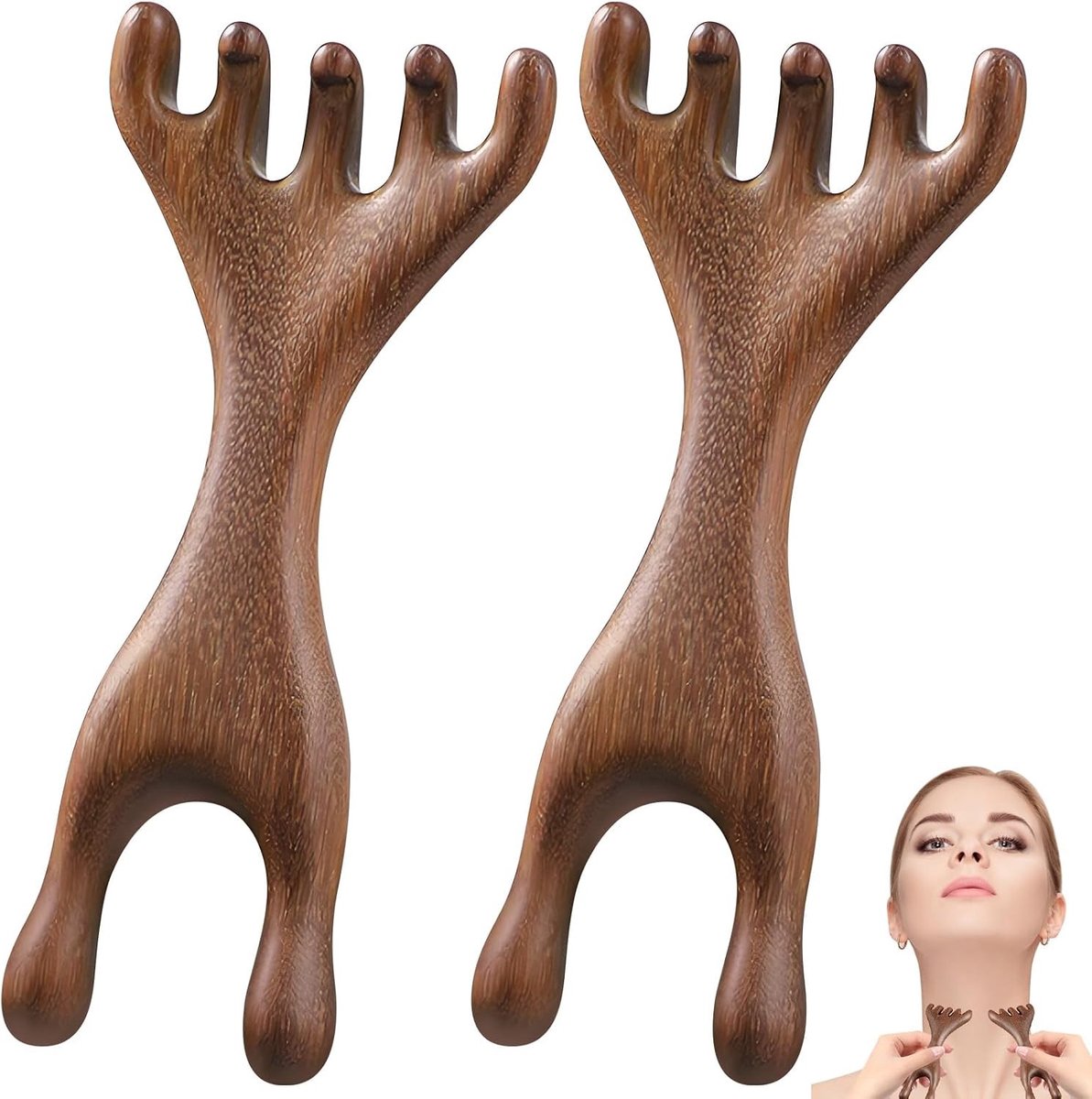 Ergonomische Massagekam voor Hoofd, Gezicht en Ogen - 2 Stuks Sandelhout Guasha Therapie Instrumenten voor Ontspanning en Wellness