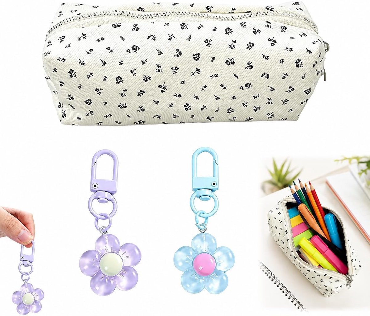 Etui Voor Schoolkantoor Met Ritssluiting – Met 2 Bloemvormige Sleutelhangers – Meisjes Cosmetische Tas En Portemonnee – Multifunctionele Opbergoplossing Voor School, Kantoor En Reizen