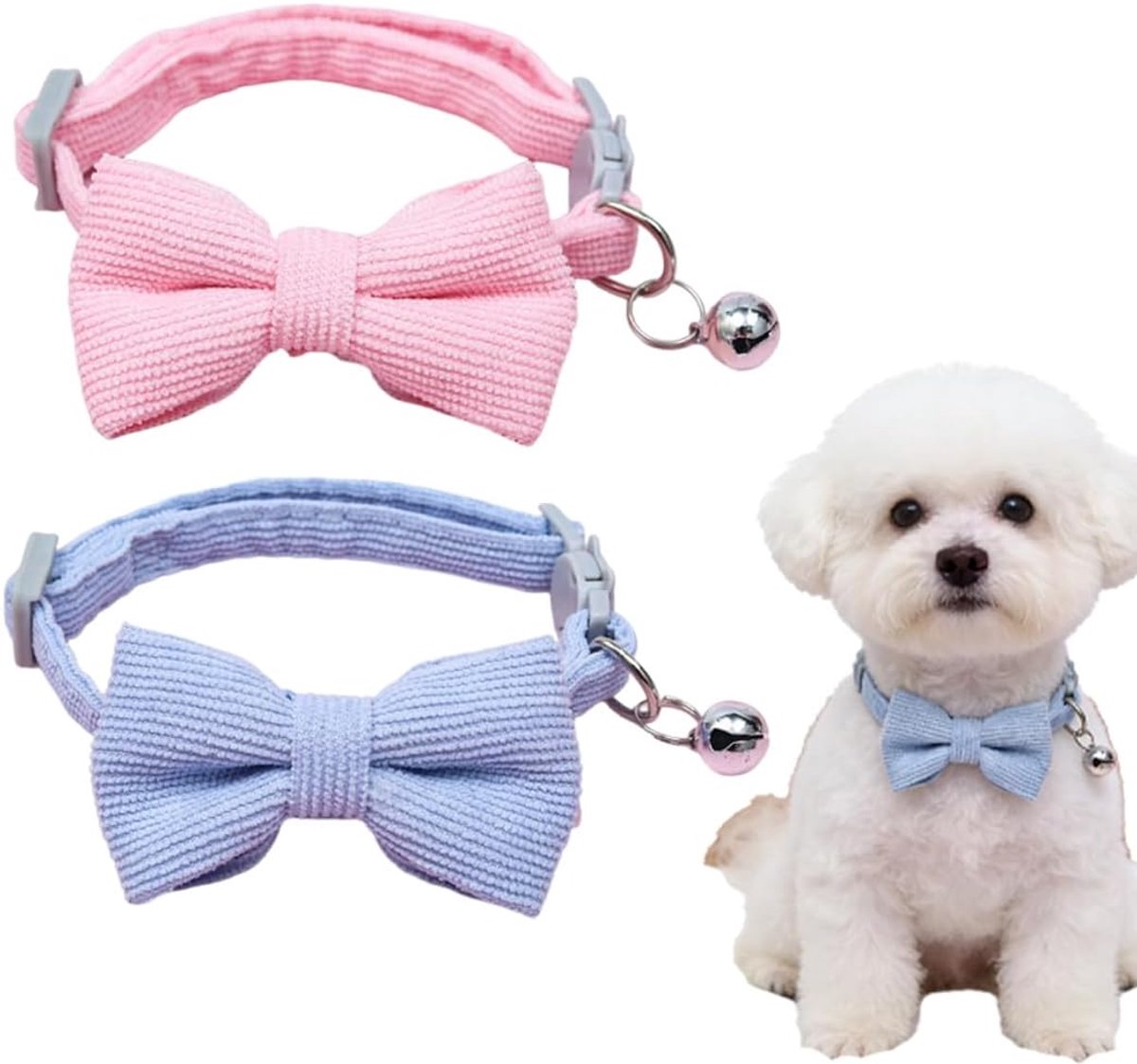 Halsbanden, twee kattenhalsbanden van ganzendons, verstelbare maat, met belletjes en vlinderdas, veiligheidsvlinderdas (roze/blauw)
