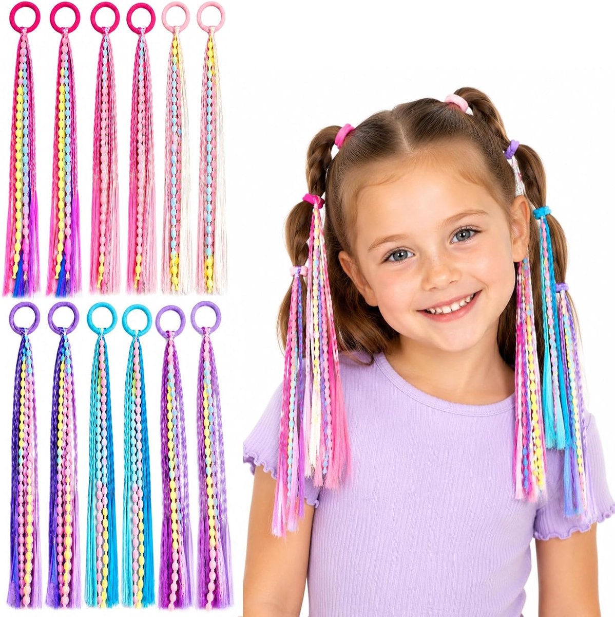 12 Haarstrengen met elastiek, gekleurde haarstrengen voor vlechten, haaraccessoires voor meisjes