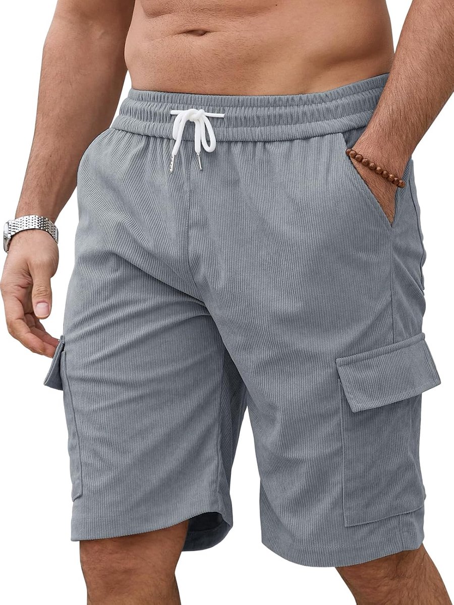 Korte corduroy broek voor heren met klittenbandzakken, elastische cargoshorts voor vrije tijd en zomer
