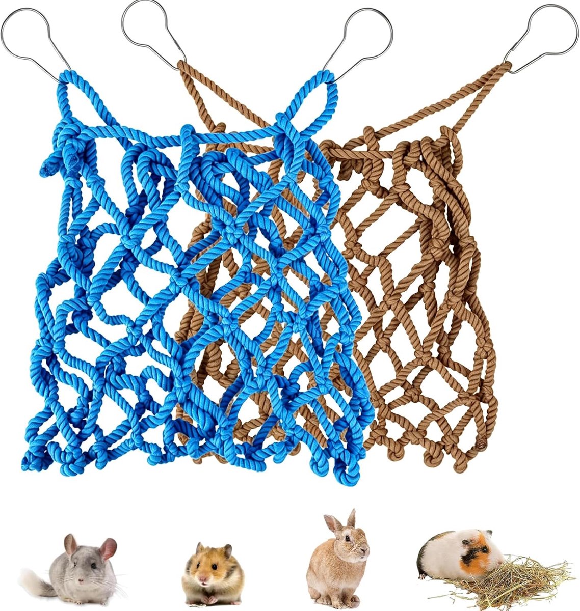 2 stuks voederstation voor konijnen, voederstation voor kleine dieren, 35 x 28 cm, met metalen haken, hooizak voor konijnen, hamsters, kleine dieren, gevogelte (bruin + lichtblauw)