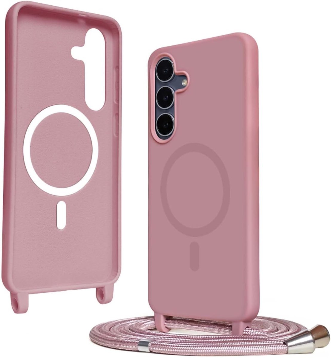 Telefoonhoes met koord voor Samsung Galaxy S25 FE, magnetische beschermhoes, compatibel met Magsafe, siliconen ketting, verstelbaar en afneembaar, roségoud