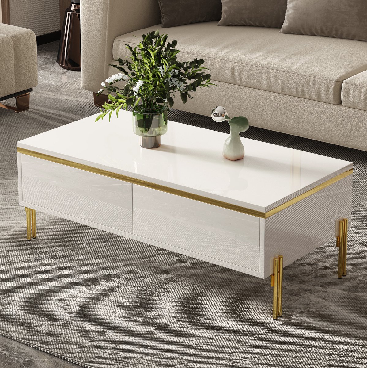 MEUNIQ Salontafel 100 x 50 x 36 cm met verborgen lades, hoogglans wit tafelblad, gouden metalen poten en opbergruimte voor woonkamer