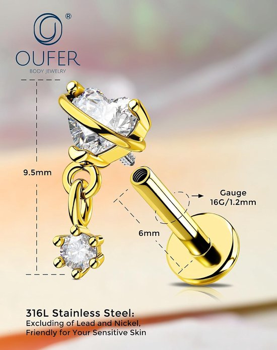 16G Gold Dangle Helix Oorbel Intern Schroefdraad Tragus Oorbel Roestvrij Staal 316L Hart/Driehoek Helix Stud Platte Rug Clear CZ Kraakbeen Lob Piercing 6 mm voor Vrouwen — afbeelding 3