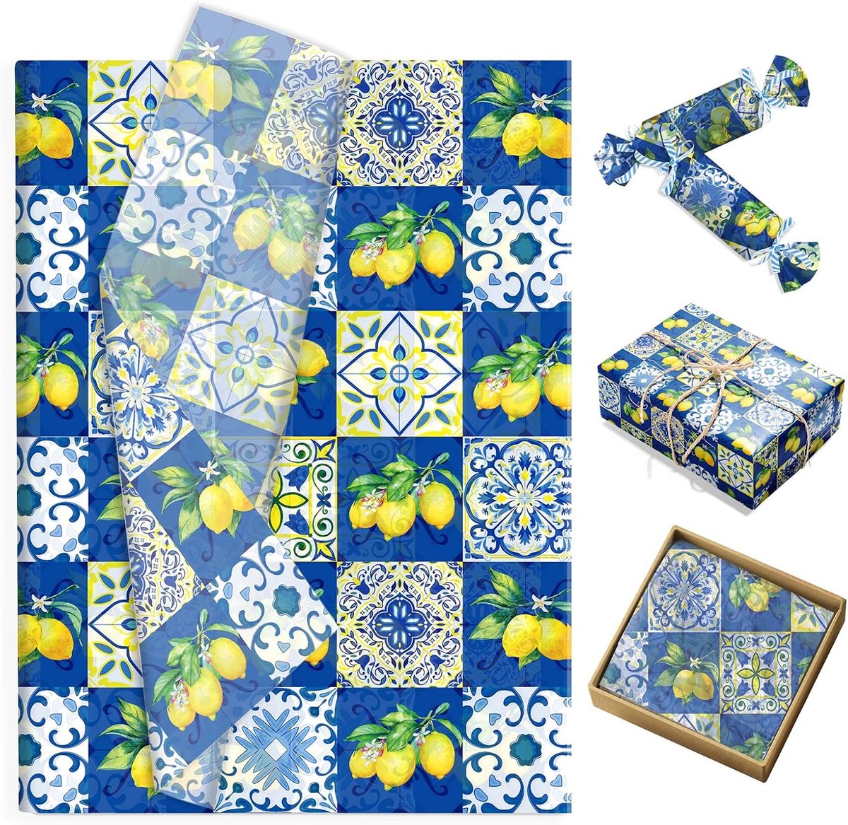 100 Vellen Citroen Blauw Wit Vloeipapier Design, Cadeaupapier voor Verpakking Zomerdecoratie, Kleurrijk Vierkant Papier om te Knutselen en Inpakken 50x35cm