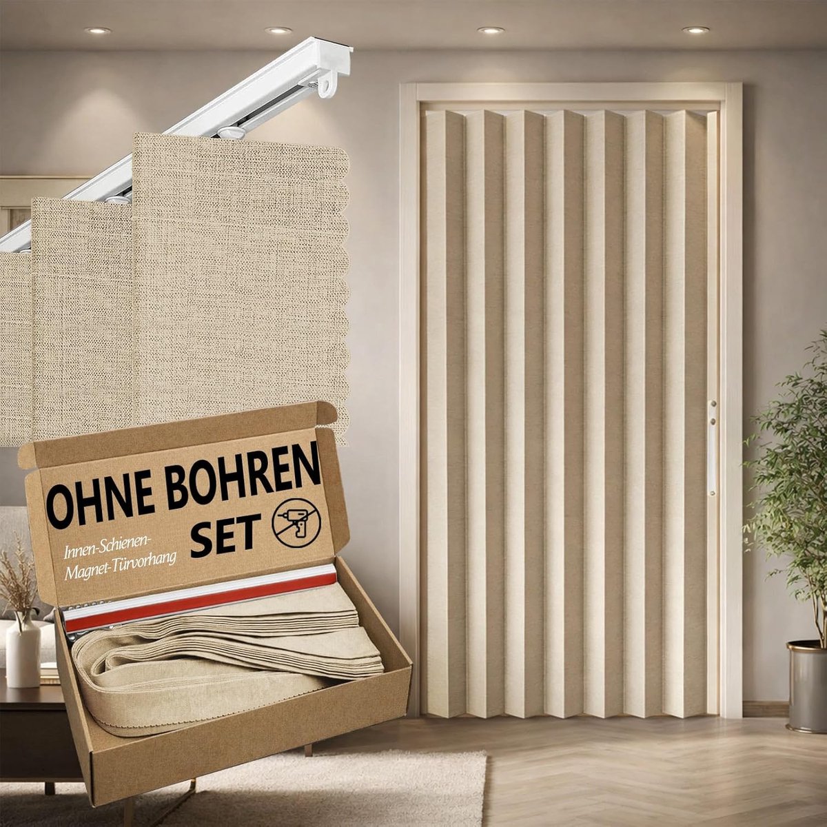100% ondoorzichtig deurgordijn – opvouwbare acordeon-stijl met magneetsluiting, kleefmontage zonder boren, incl. plakstrip, verduistering en windscherm, lichtgeel, H 201 x B 106 cm