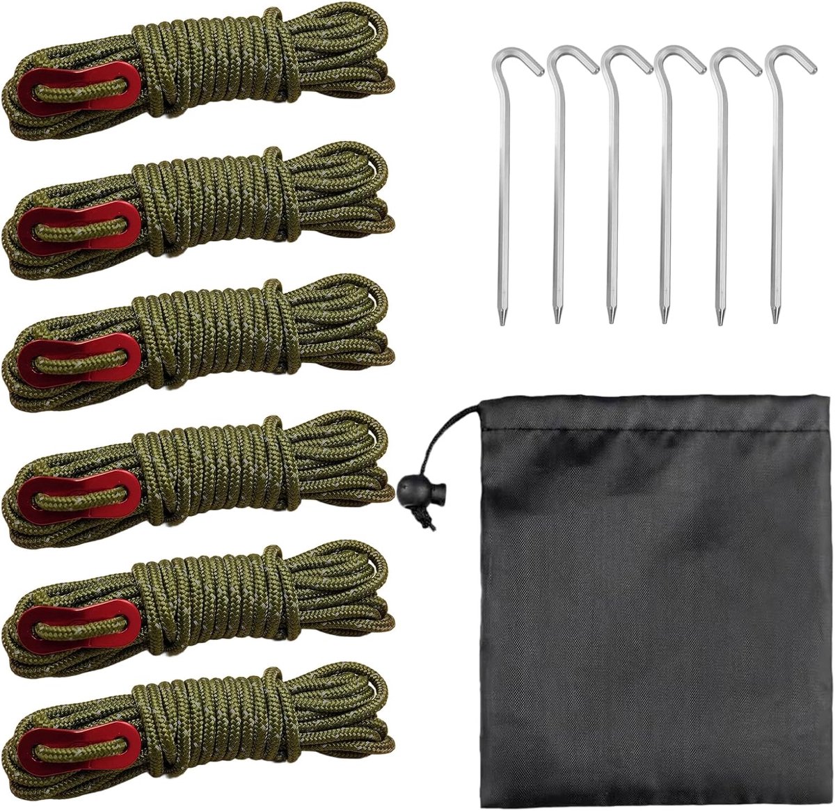reflecterende tentlijnen, 6 stuks 4 mm scheerlijnen met spanners (4 m per rol) en 6 stuks tentharingen, winddichte lijnen voor camping, caravan, tent, outdoor en wandelaccessoires