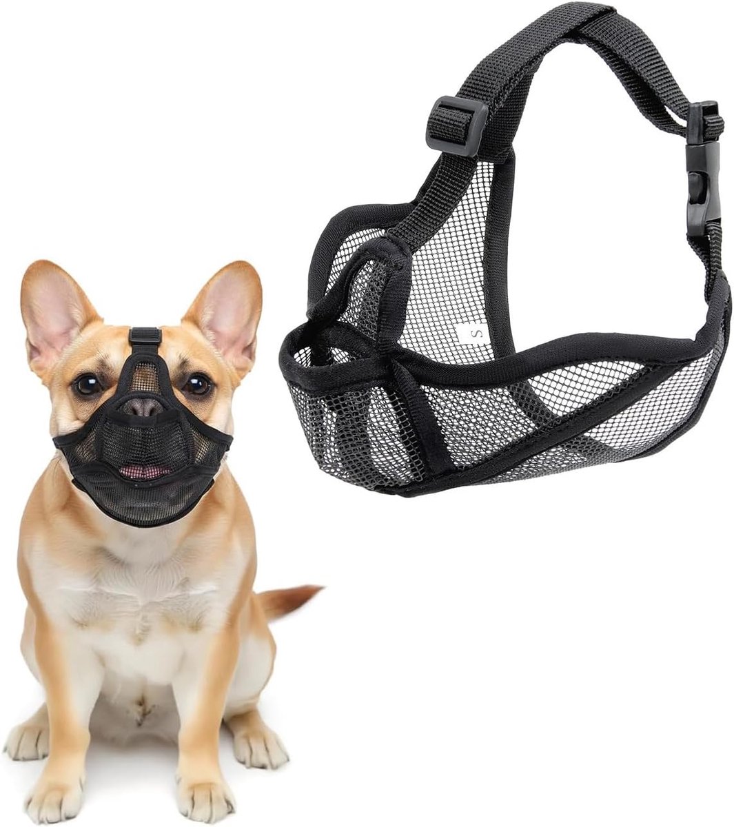 Muilkorf Franse bulldog, 1 stuk, zwart, verstelbare mesh-hondenmuilkorf, geoptimaliseerd voor korte snuit en kleine honden, stopt eten en krassen