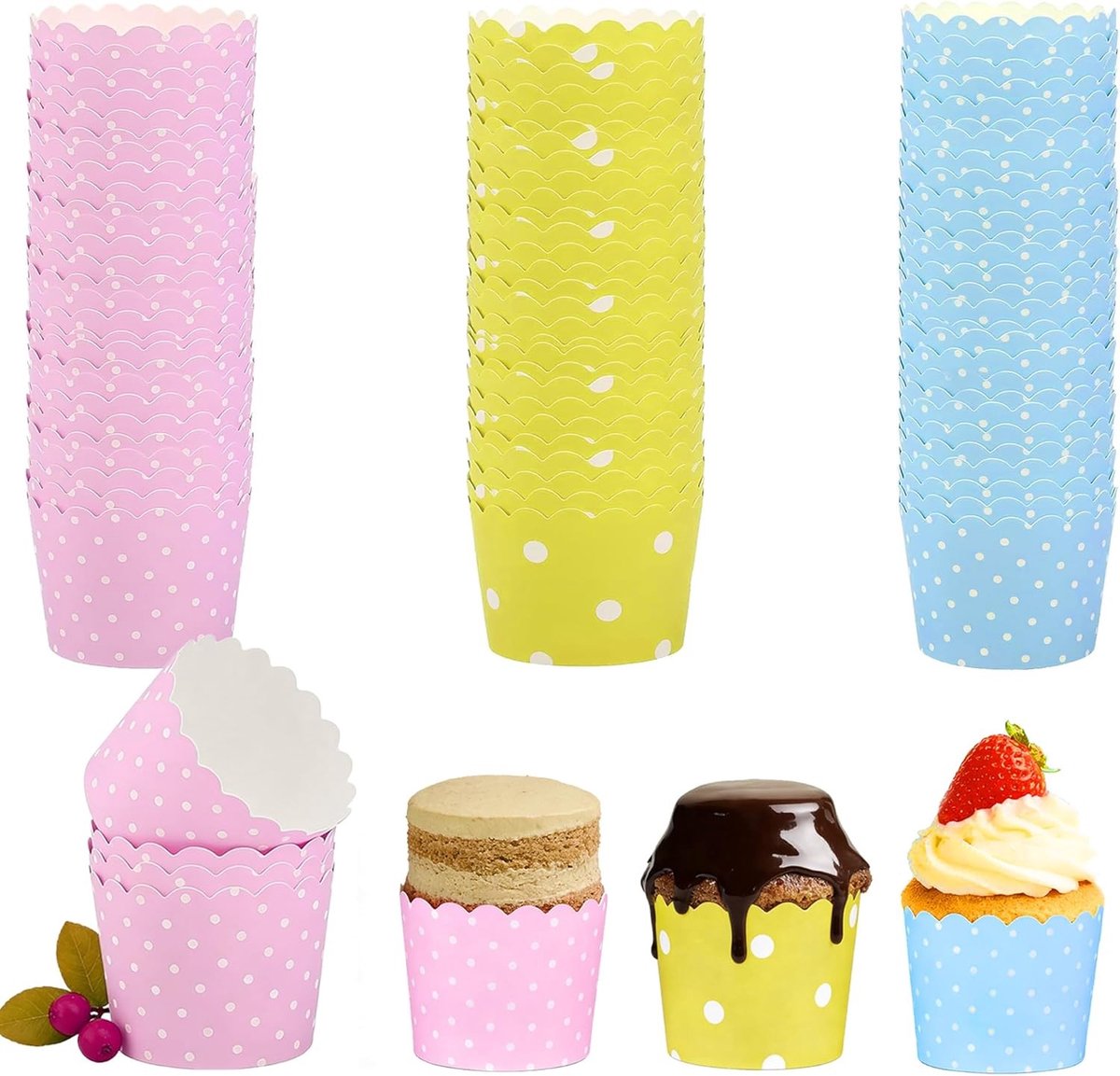 Set van 150 Papieren Muffinvormen voor Cupcakes, Perfect voor Verjaardagen, Bruiloften en Feestjes (Roze, Blauw, Geel)