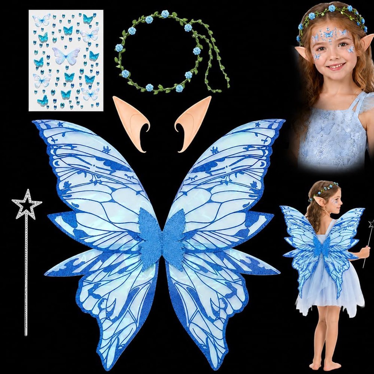 Feeënkostuum voor kinderen en volwassenen, vlindervleugels met haarband, sterrentoverstaf en elfenoren, cosplay-kostuum voor Halloween, Kerstmis, carnaval en feestjes