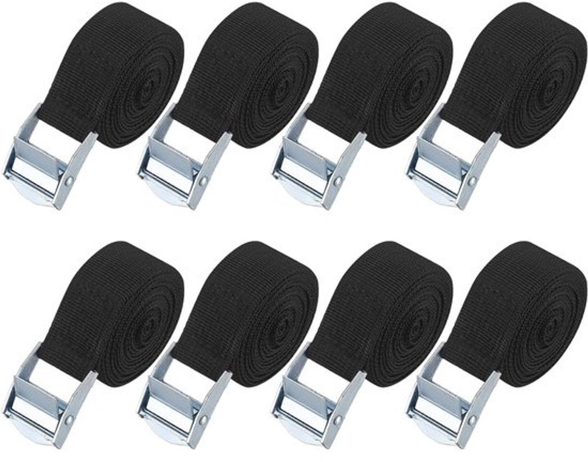 Allecto Premium - Set van 8 Korte Spanbanden met Snelspanriemen en Gespen - Verstelbare Zwarte Beveiligingsriemen voor Fietsrack, Auto, Motor, Bagage - Snelsluiting - Handig en Veilig transport