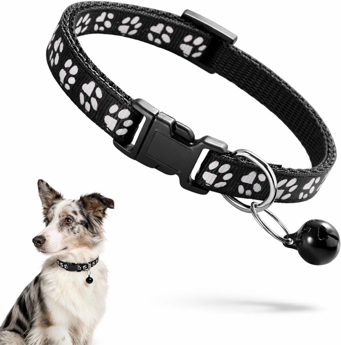 1 kattenhalsband met belletjes, zwarte kunststof kattenhalsband, veilig en licht voor katten en kittens, 2,5 cm breed