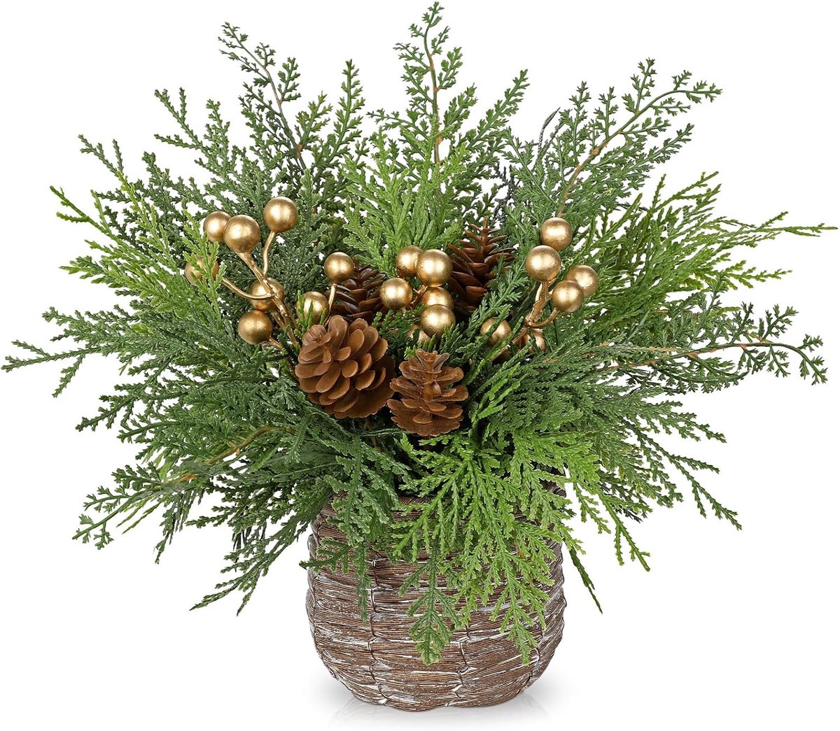 Kunstmatige ceder kerstplant in geweven pot 12,9 inch kersttafel middenstuk decoraties rustieke kerstplanten met dennenappels en gouden bessen voor kersttafel middelpunt woondecoratie