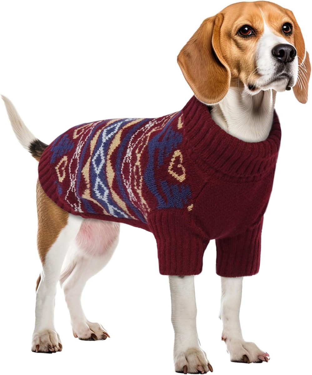 Kersttrui, rekbare trui, gezellige pyjama winterjas warmer verdikking hondentrui gebreide gehaakte jas coltrui (rood, M)
