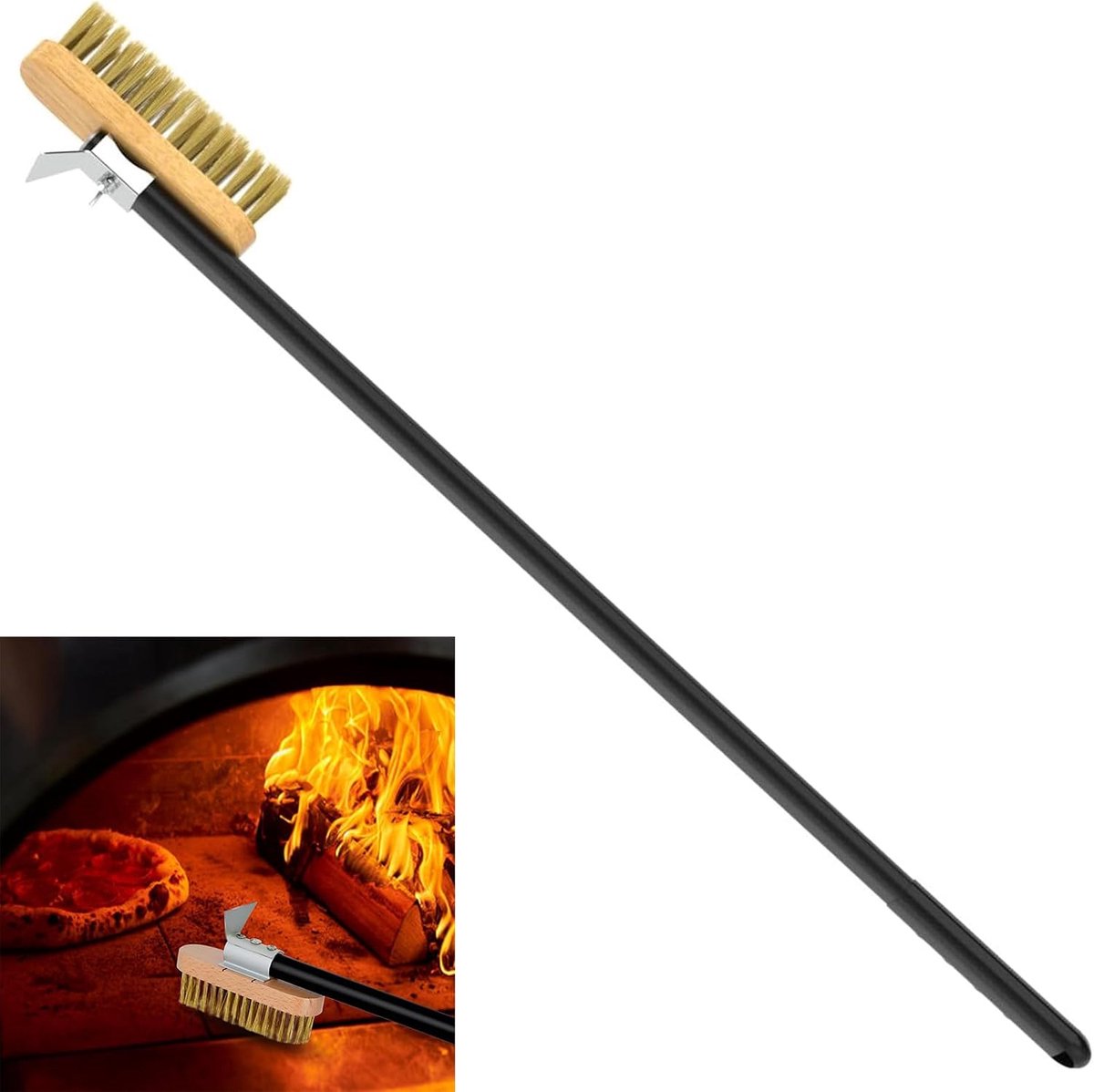 130 cm pizzaovenborstel met stalen schraper, afneembare aluminium handgreep, pizzaovenschraper met messing borstel, voor ovenreiniging