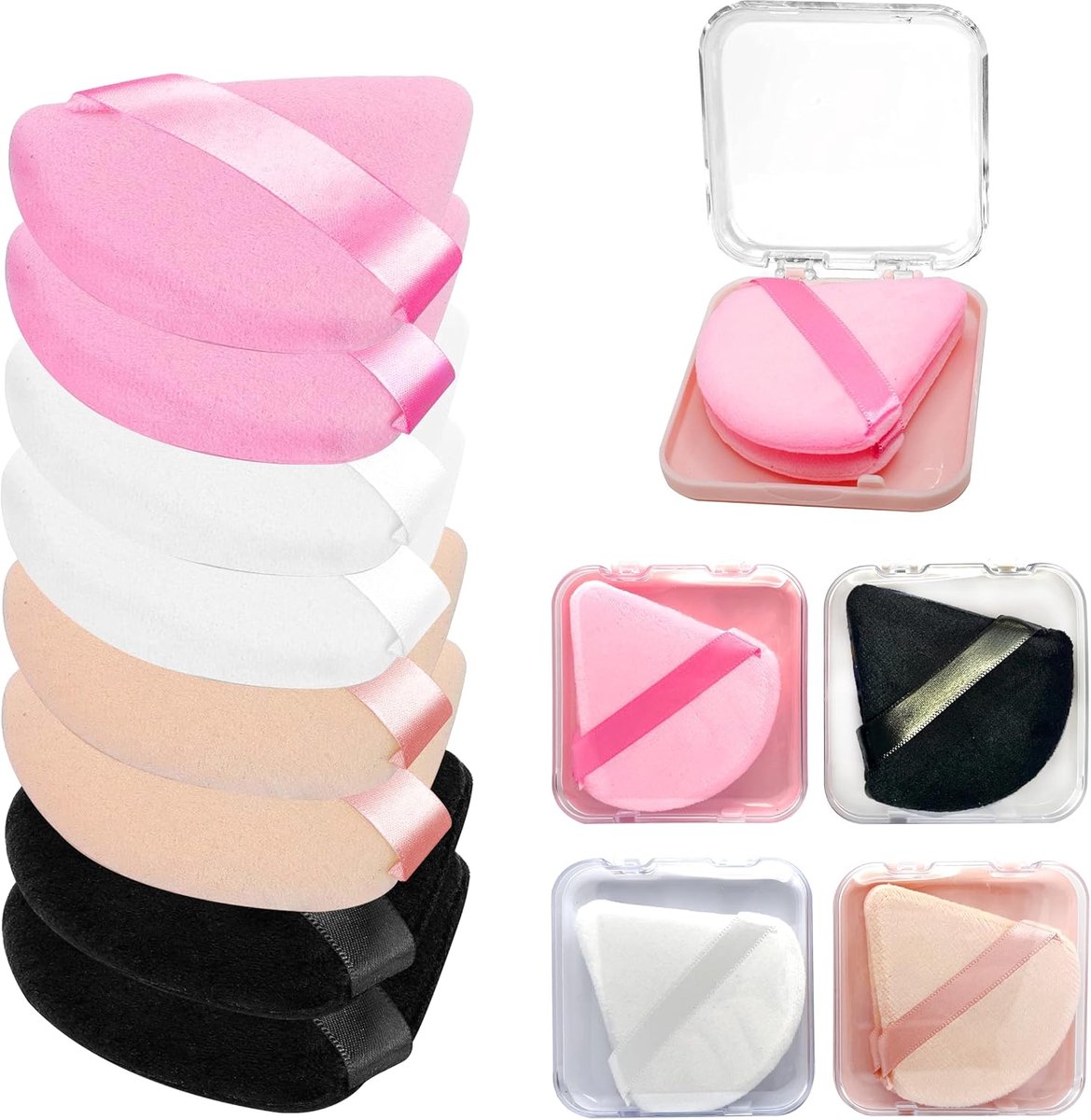 8 stuks driehoekige make-up-poederkwasten met 4 reisetuis, driehoekige make-upspons, poederdons, make-up sponsjes, poederdonsjes voor los poeder, foundation, rouge, nat en droog, wasbaar